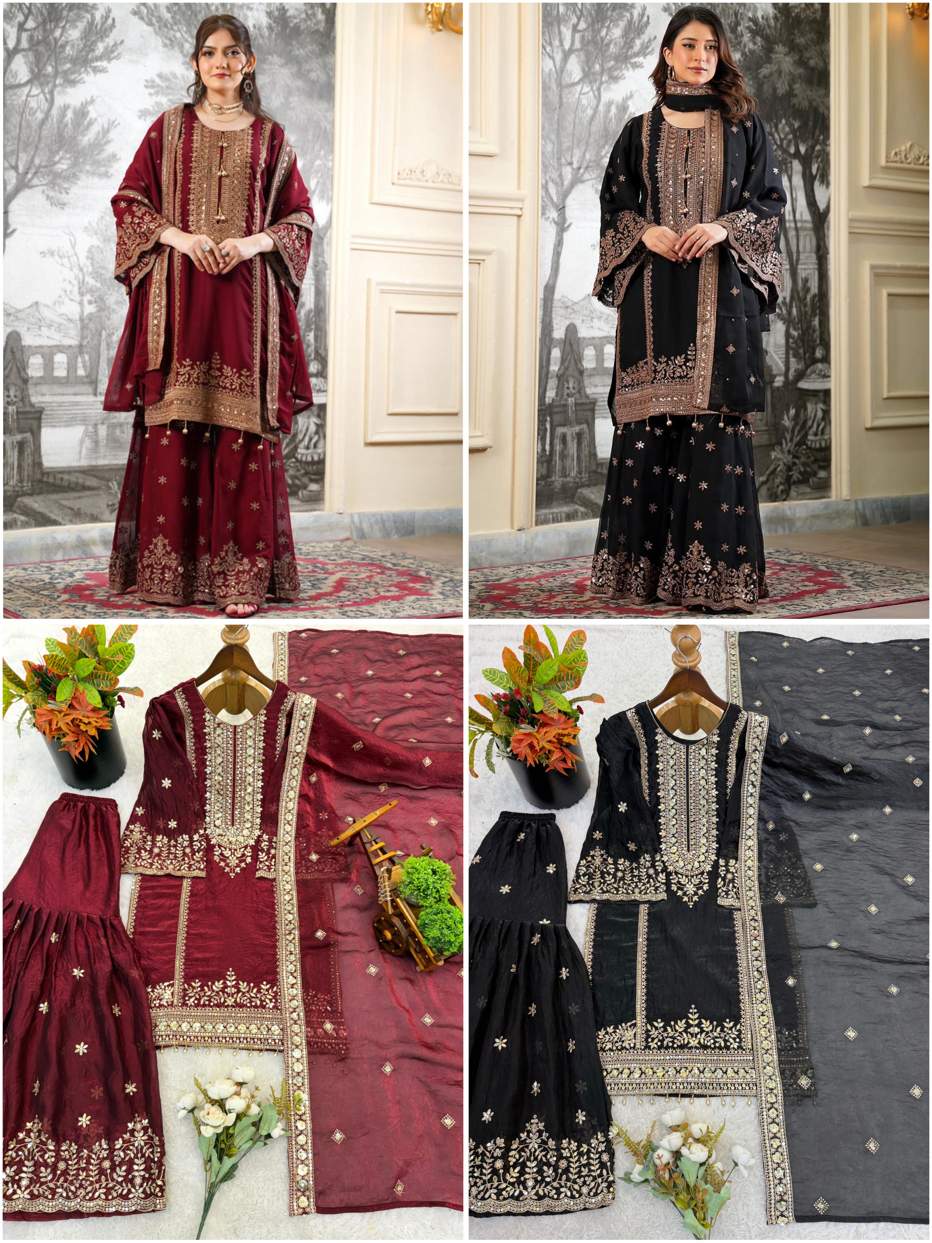 Eid Special Fendi Silk Heavy Embroidery Sequence Work Sharara Set | Fully Stitched Ready to Wear