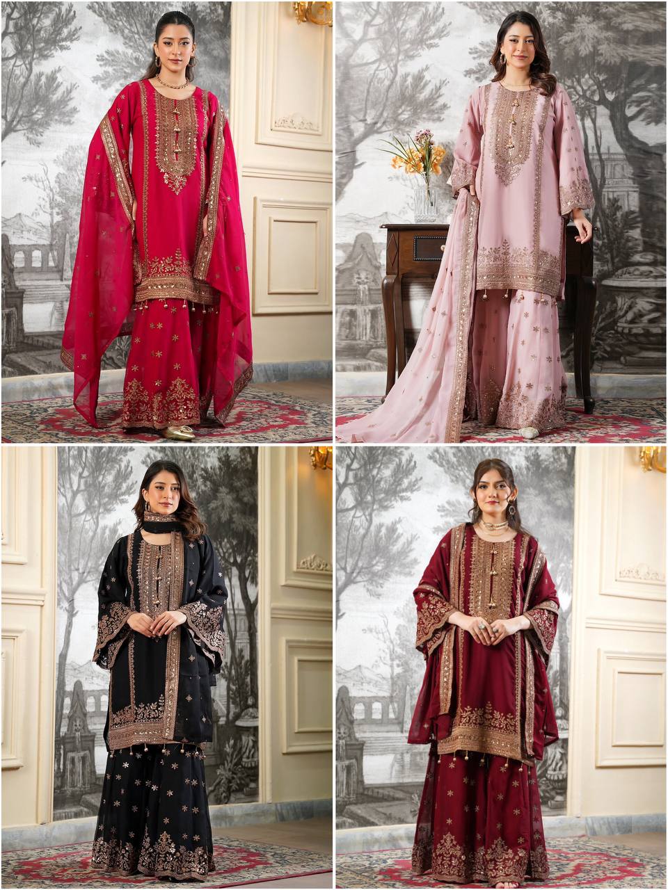 Eid Special Fendi Silk Heavy Embroidery Sequence Work Sharara Set | Fully Stitched Ready to Wear