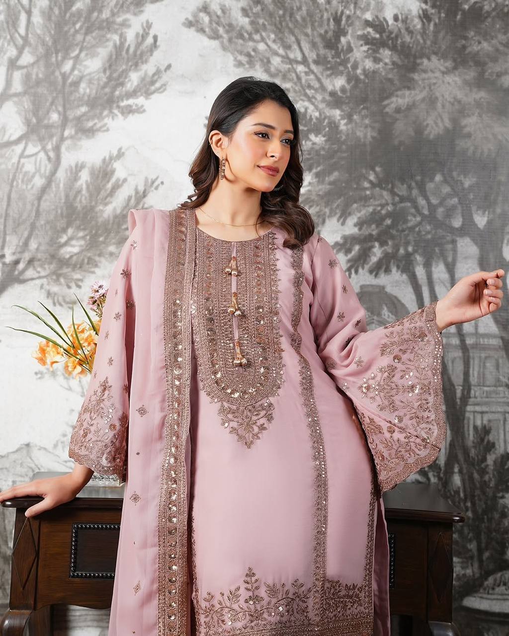 Eid Special Fendi Silk Heavy Embroidery Sequence Work Sharara Set | Fully Stitched Ready to Wear