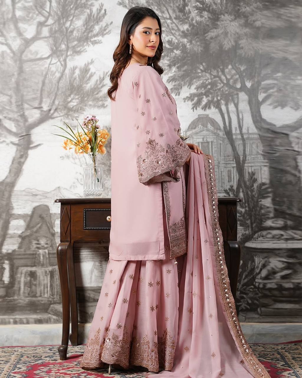 Eid Special Fendi Silk Heavy Embroidery Sequence Work Sharara Set | Fully Stitched Ready to Wear