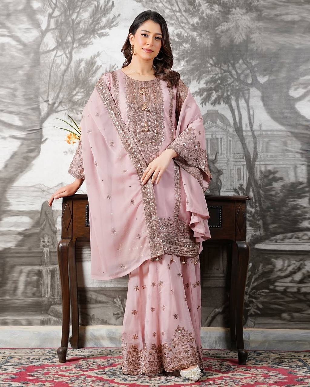 Eid Special Fendi Silk Heavy Embroidery Sequence Work Sharara Set | Fully Stitched Ready to Wear