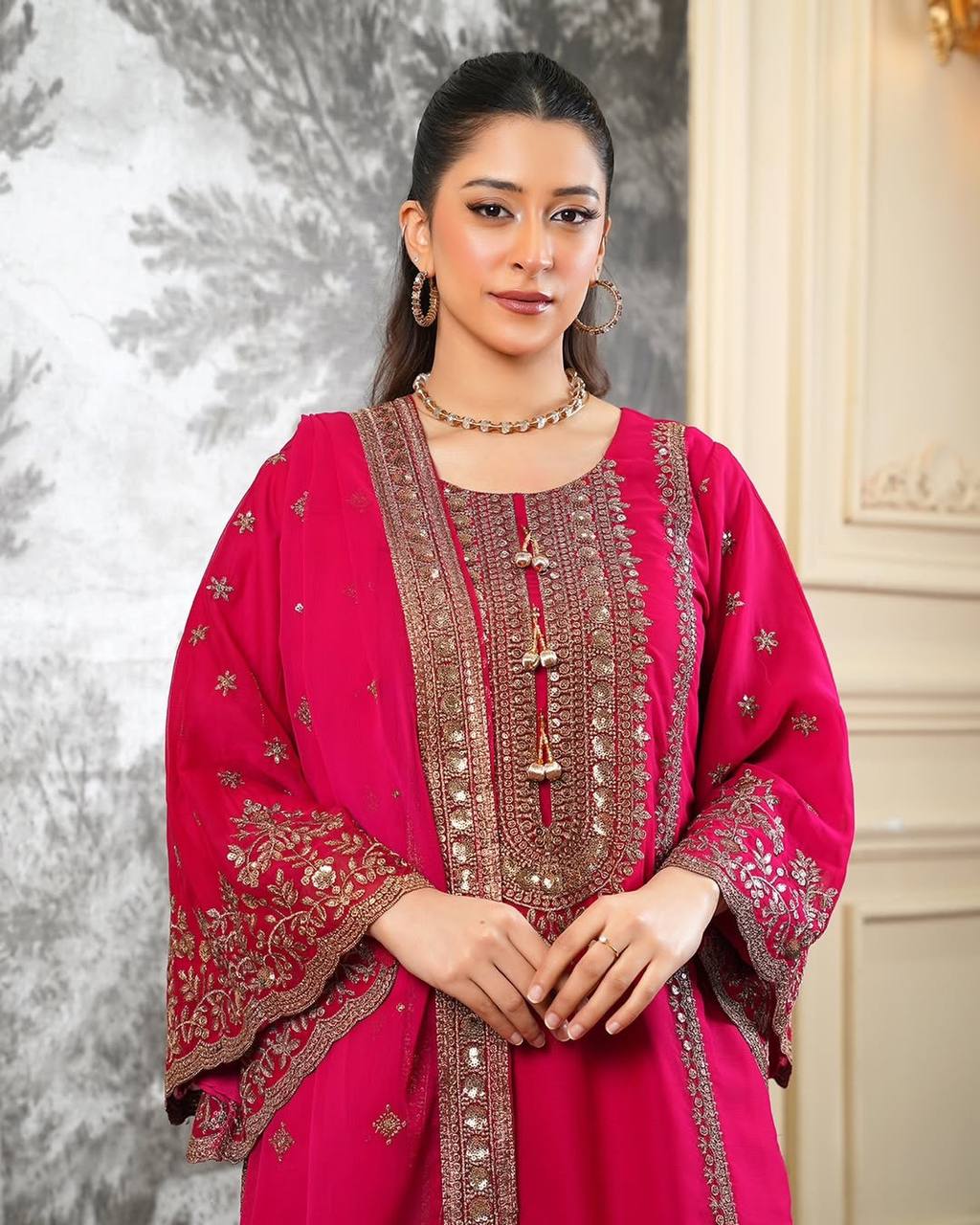 Eid Special Fendi Silk Heavy Embroidery Sequence Work Sharara Set | Fully Stitched Ready to Wear