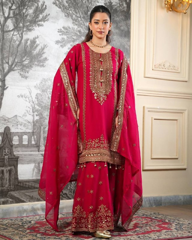 Eid Special Fendi Silk Heavy Embroidery Sequence Work Sharara Set | Fully Stitched Ready to Wear