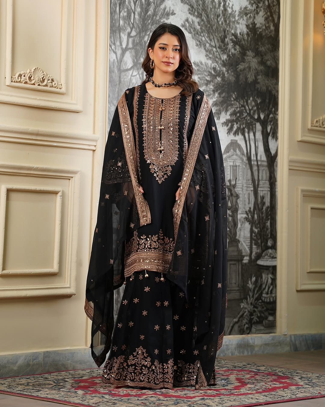 Eid Special Fendi Silk Heavy Embroidery Sequence Work Sharara Set | Fully Stitched Ready to Wear