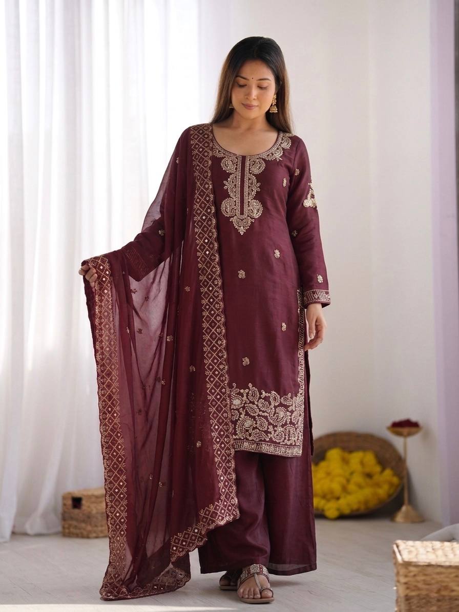 Party Wear Look Top-Plazzo and Dupatta With Heavy Embroidery Beads Work
