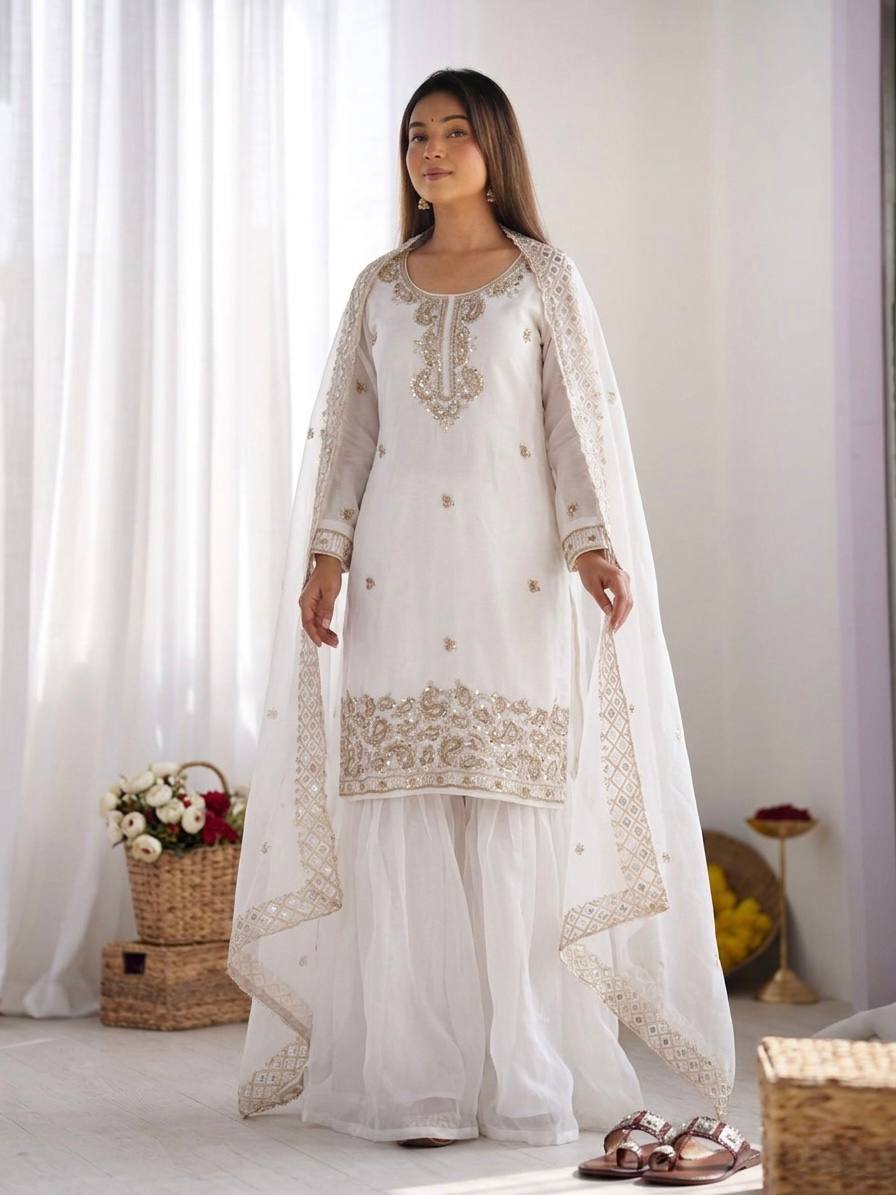 Party Wear Look Top-Plazzo and Dupatta With Heavy Embroidery Beads Work