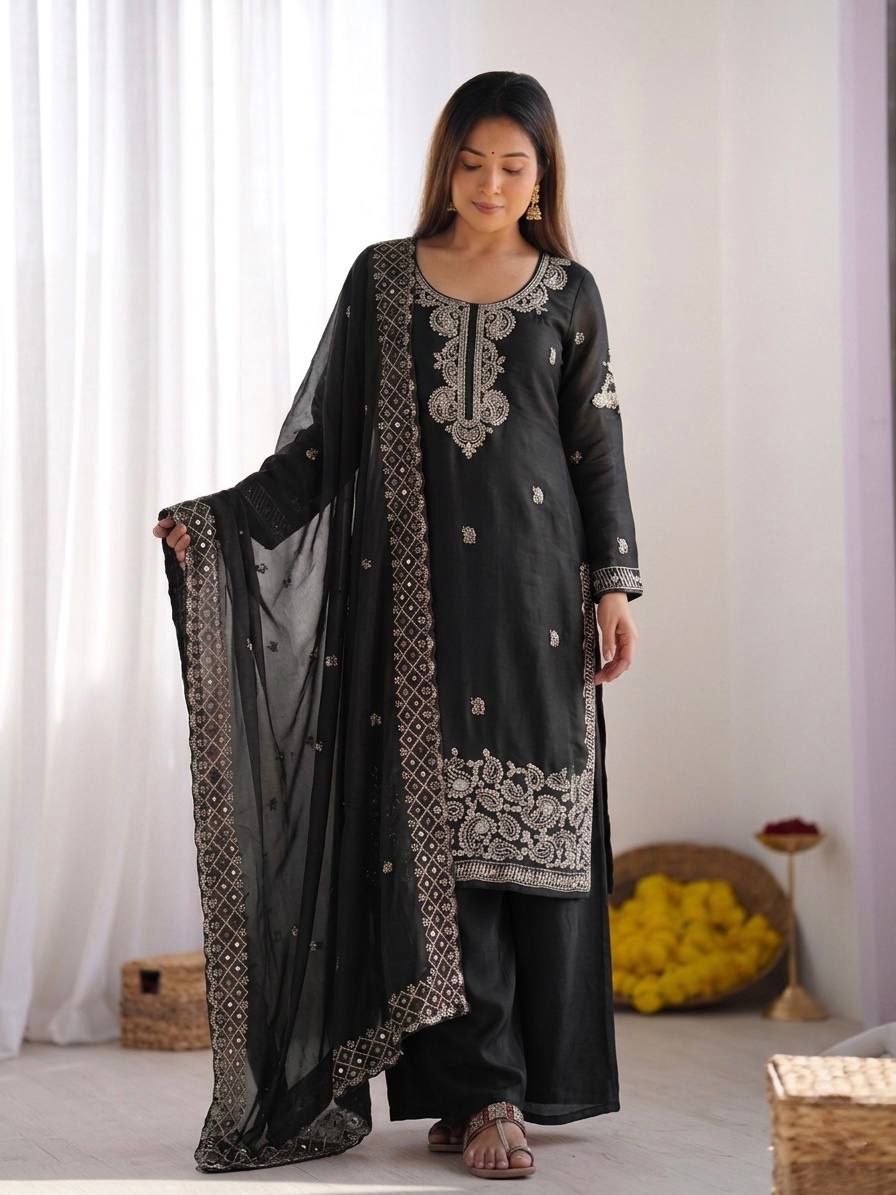 Party Wear Look Top-Plazzo and Dupatta With Heavy Embroidery Beads Work