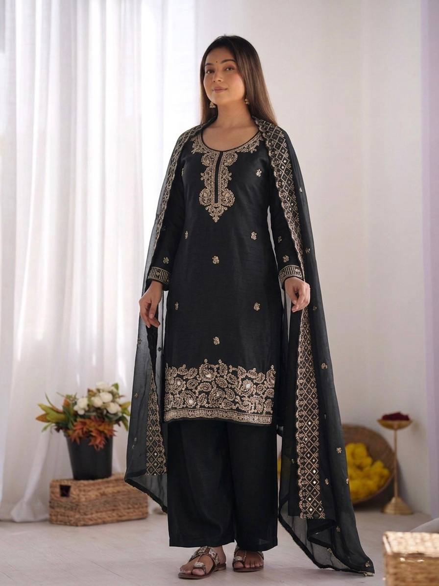 Party Wear Look Top-Plazzo and Dupatta With Heavy Embroidery Beads Work
