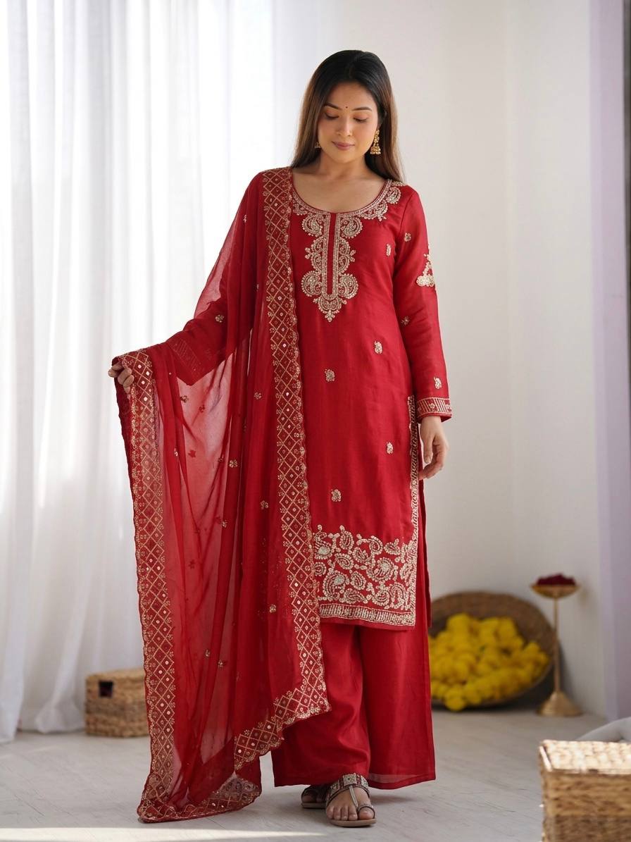 Party Wear Look Top-Plazzo and Dupatta With Heavy Embroidery Beads Work