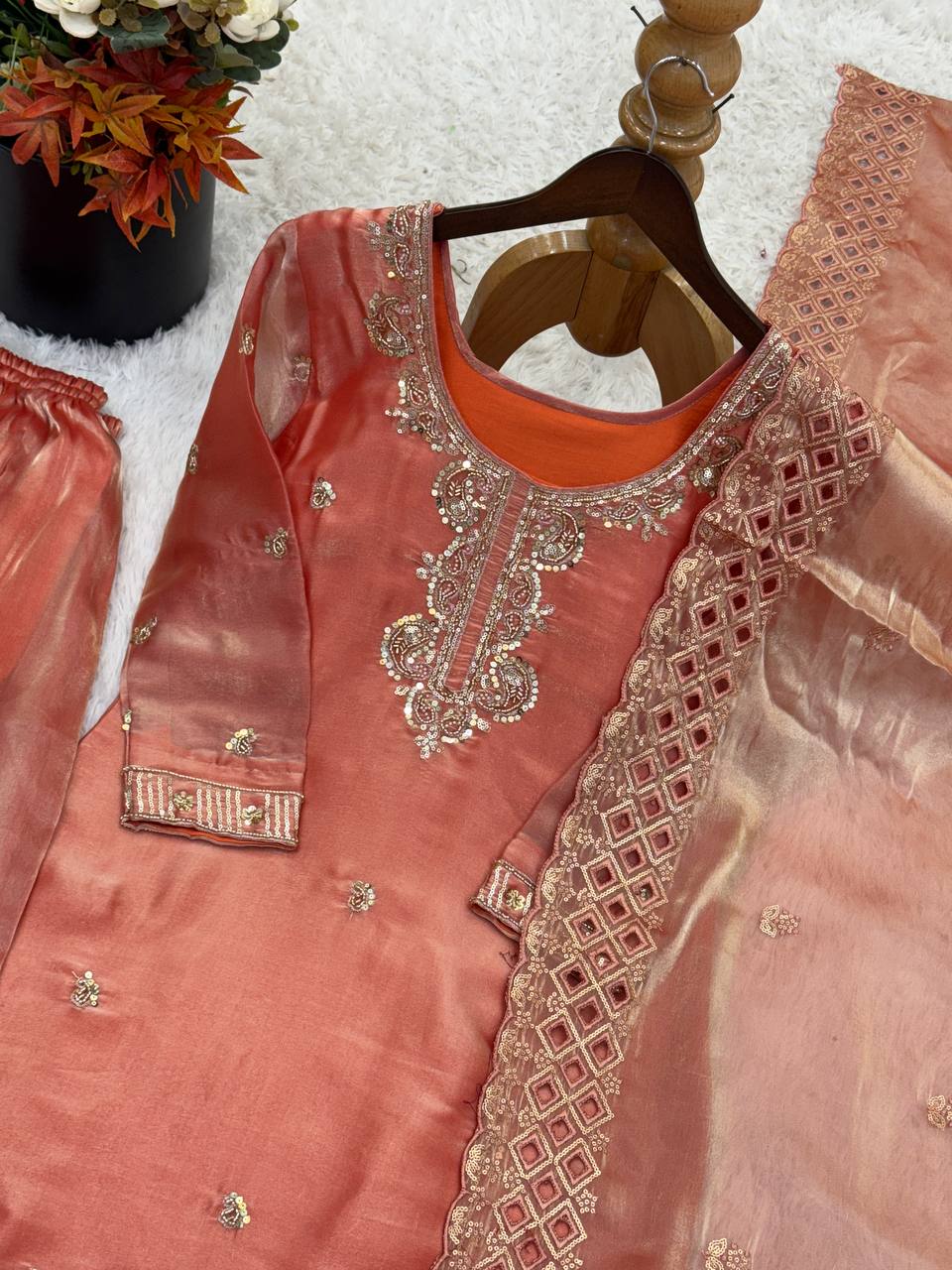 Party Wear Look Top-Plazzo and Dupatta With Heavy Embroidery Beads Work