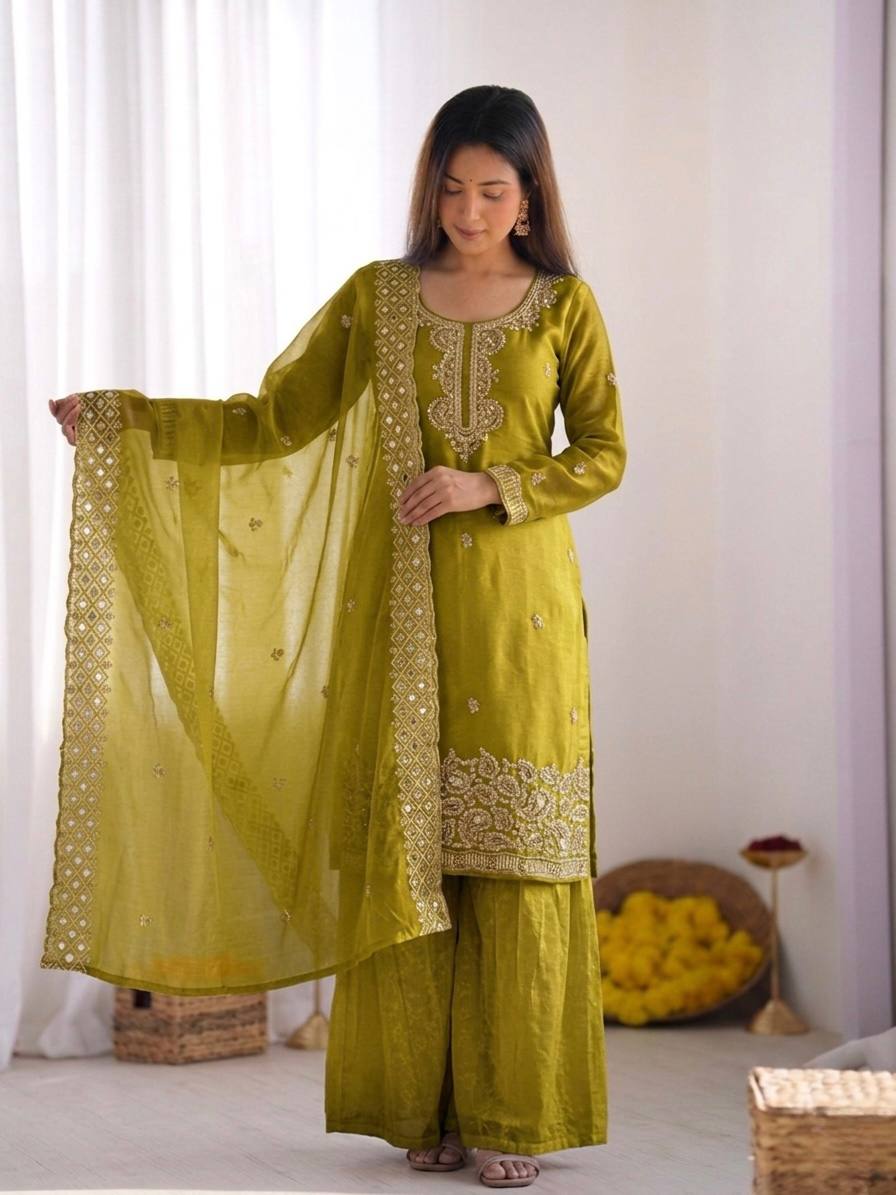 Party Wear Look Top-Plazzo and Dupatta With Heavy Embroidery Beads Work