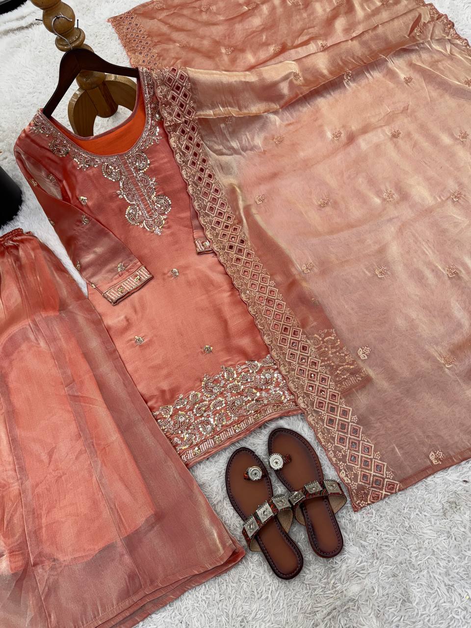 Party Wear Look Top-Plazzo and Dupatta With Heavy Embroidery Beads Work