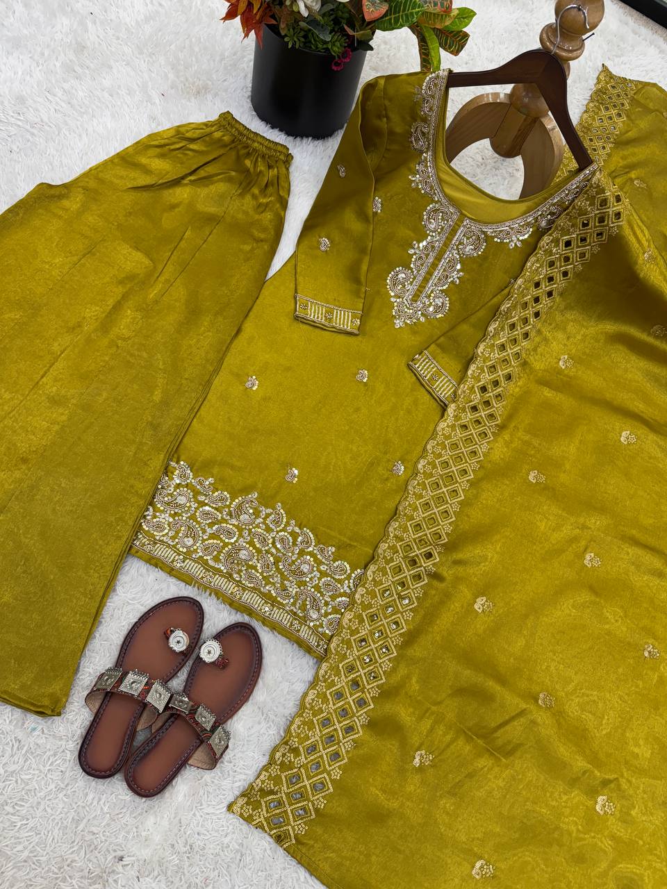 Party Wear Look Top-Plazzo and Dupatta With Heavy Embroidery Beads Work