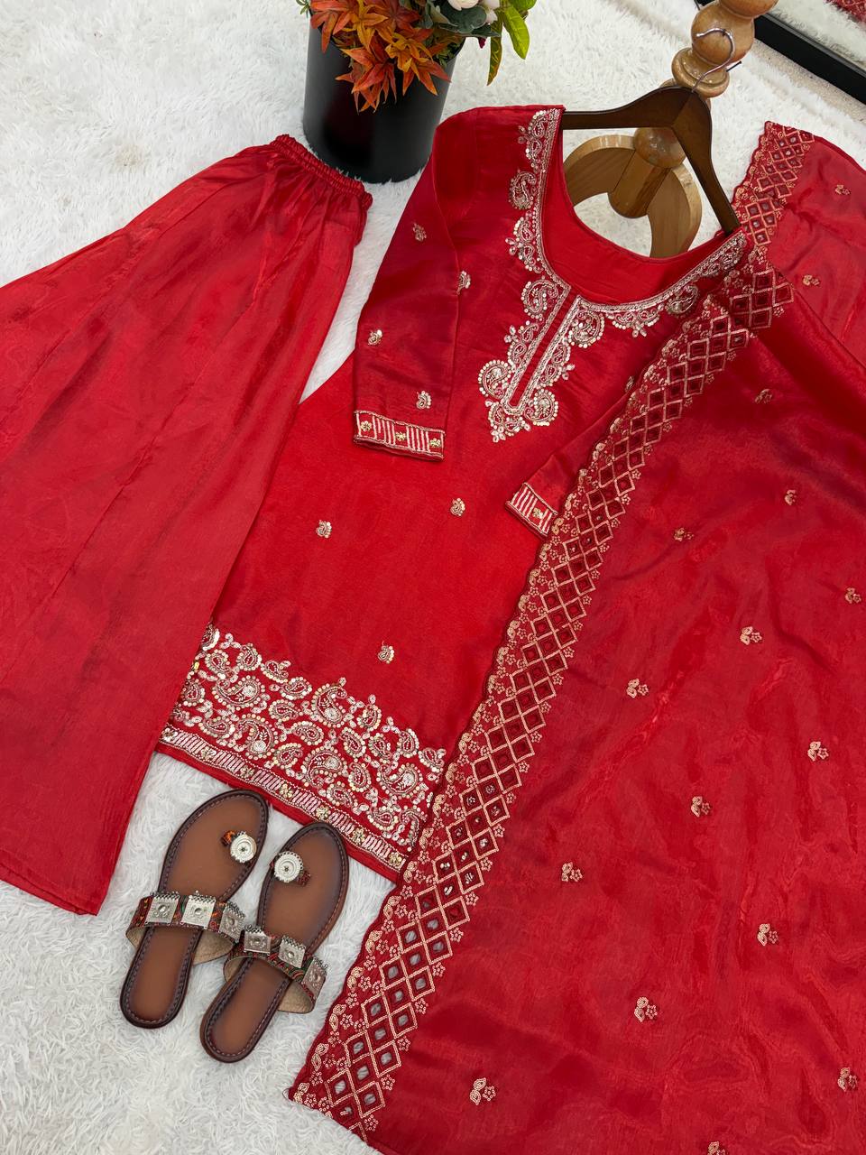 Party Wear Look Top-Plazzo and Dupatta With Heavy Embroidery Beads Work