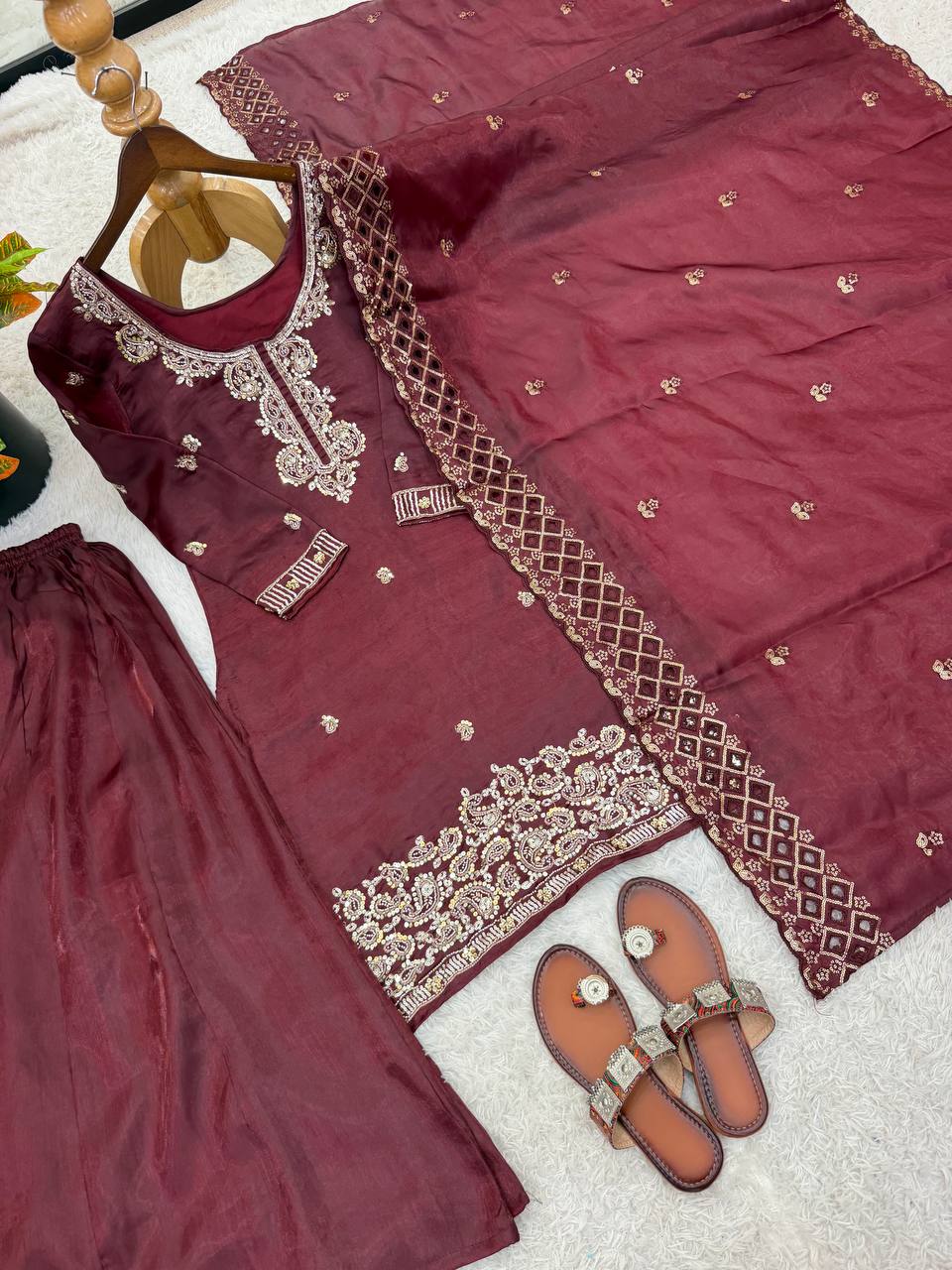 Party Wear Look Top-Plazzo and Dupatta With Heavy Embroidery Beads Work