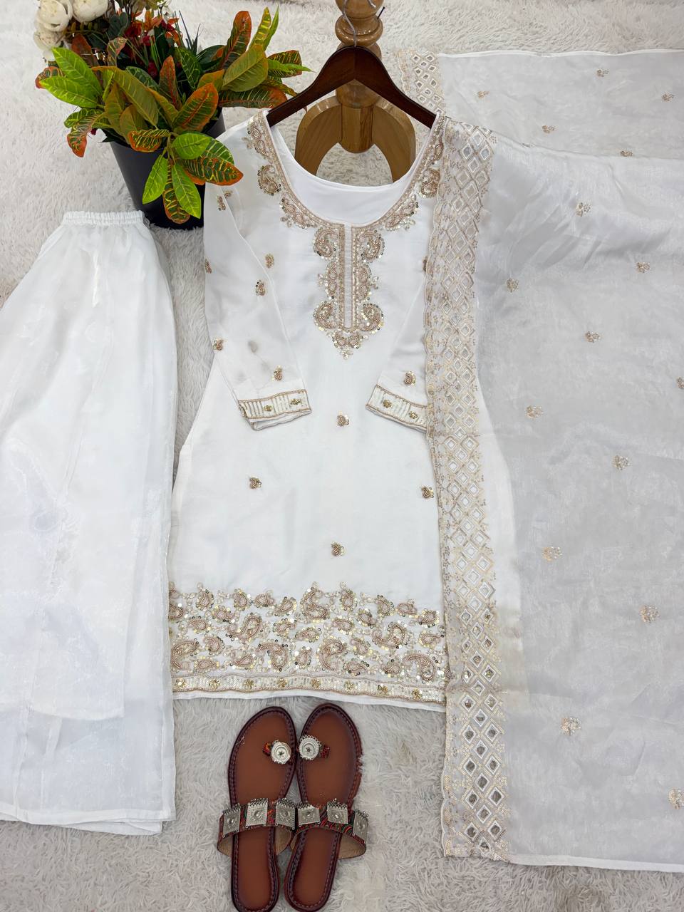 Party Wear Look Top-Plazzo and Dupatta With Heavy Embroidery Beads Work