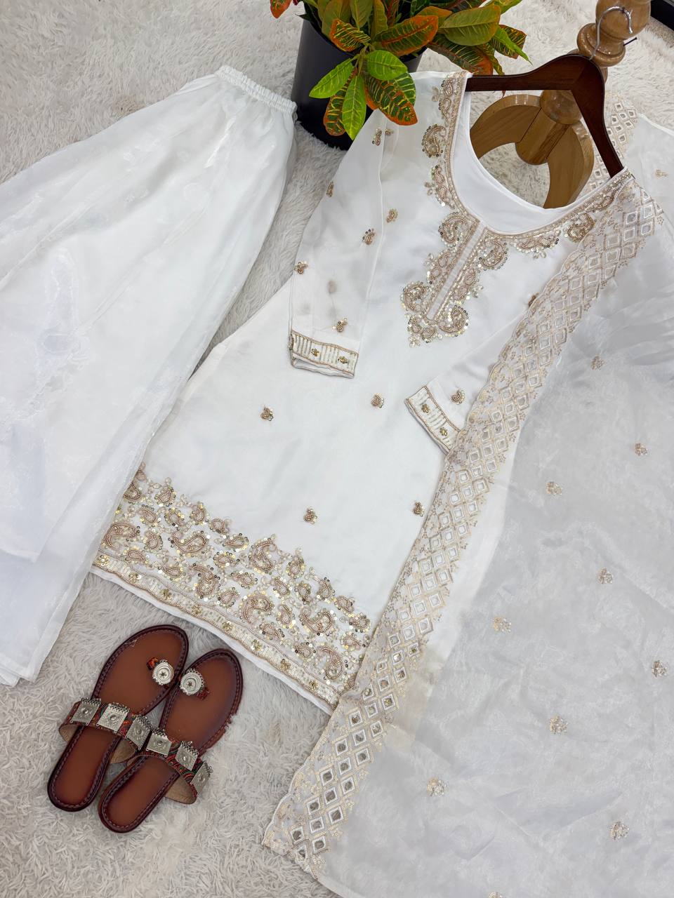 Party Wear Look Top-Plazzo and Dupatta With Heavy Embroidery Beads Work