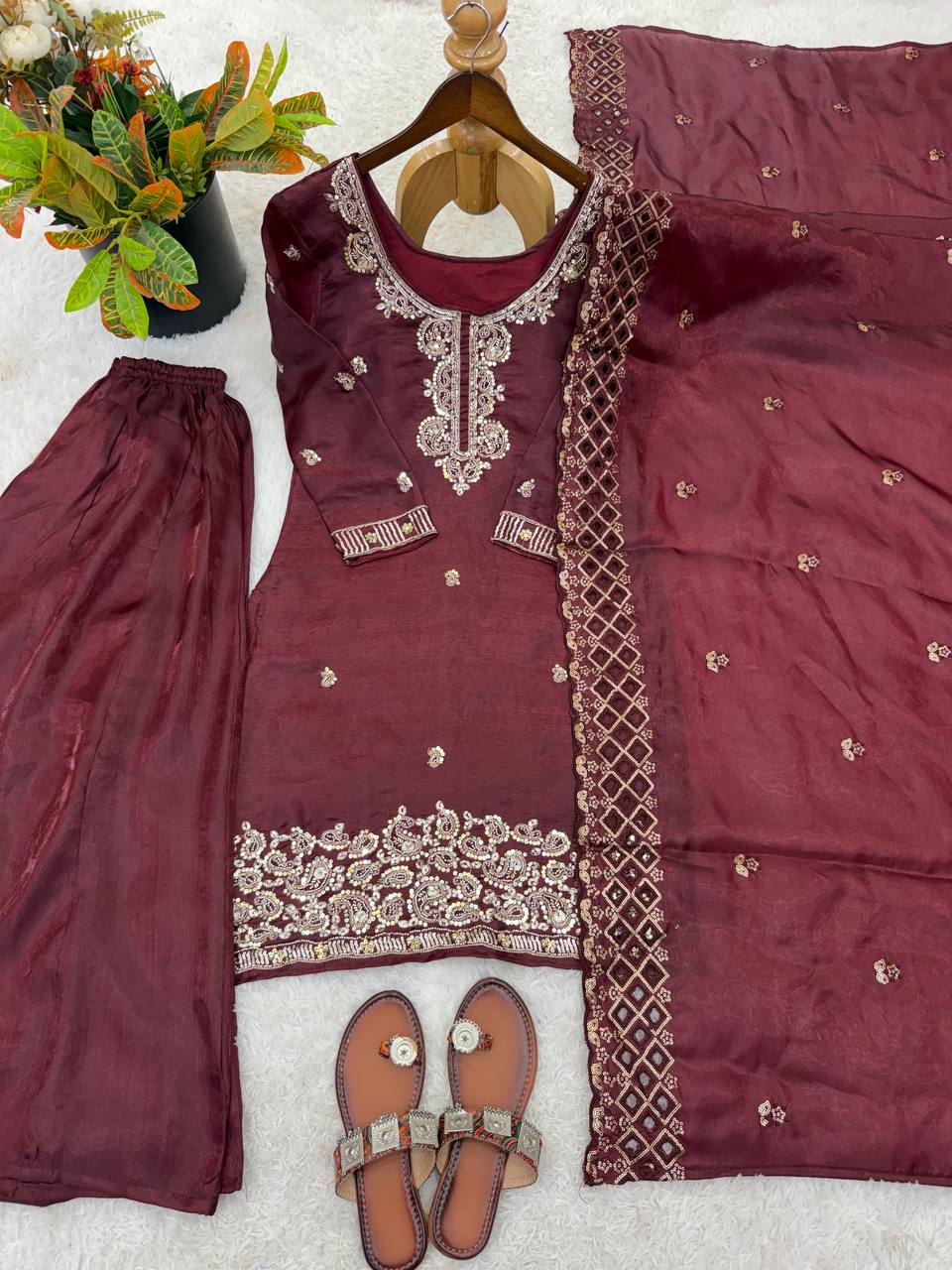 Party Wear Look Top-Plazzo and Dupatta With Heavy Embroidery Beads Work