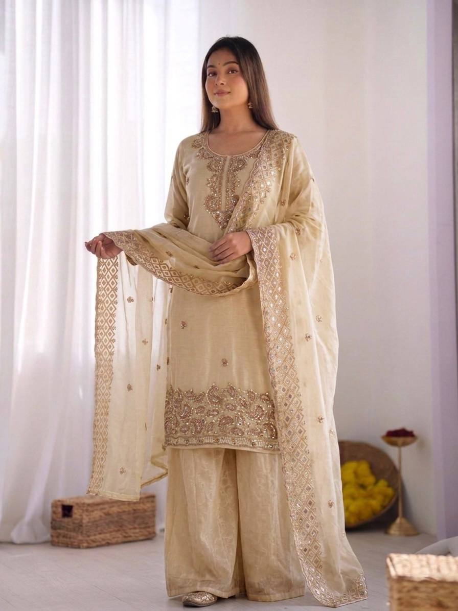 Party Wear Look Top-Plazzo and Dupatta With Heavy Embroidery Beads Work