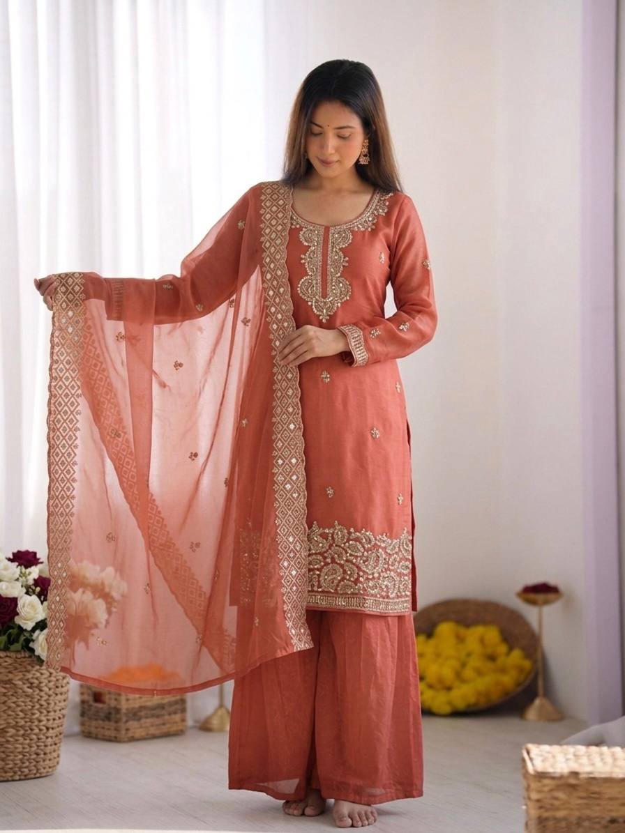 Party Wear Look Top-Plazzo and Dupatta With Heavy Embroidery Beads Work