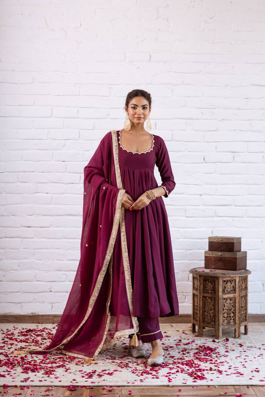 AUMVIRVA Women's Solid Chanderi Silk Anarkali Suit Set with Scalloped Neck, Straight Pants and Organza Dupatta