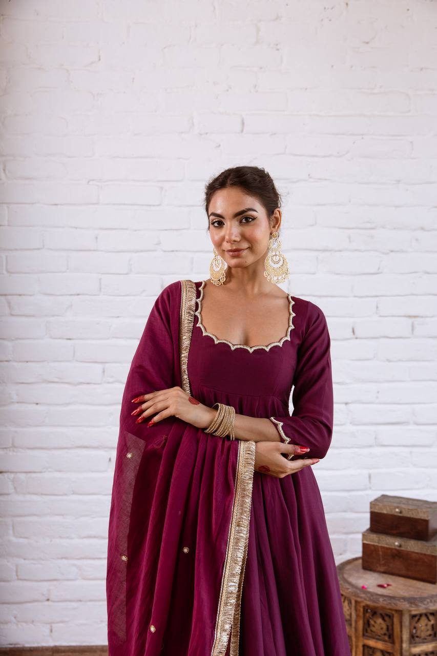 AUMVIRVA Women's Solid Chanderi Silk Anarkali Suit Set with Scalloped Neck, Straight Pants and Organza Dupatta