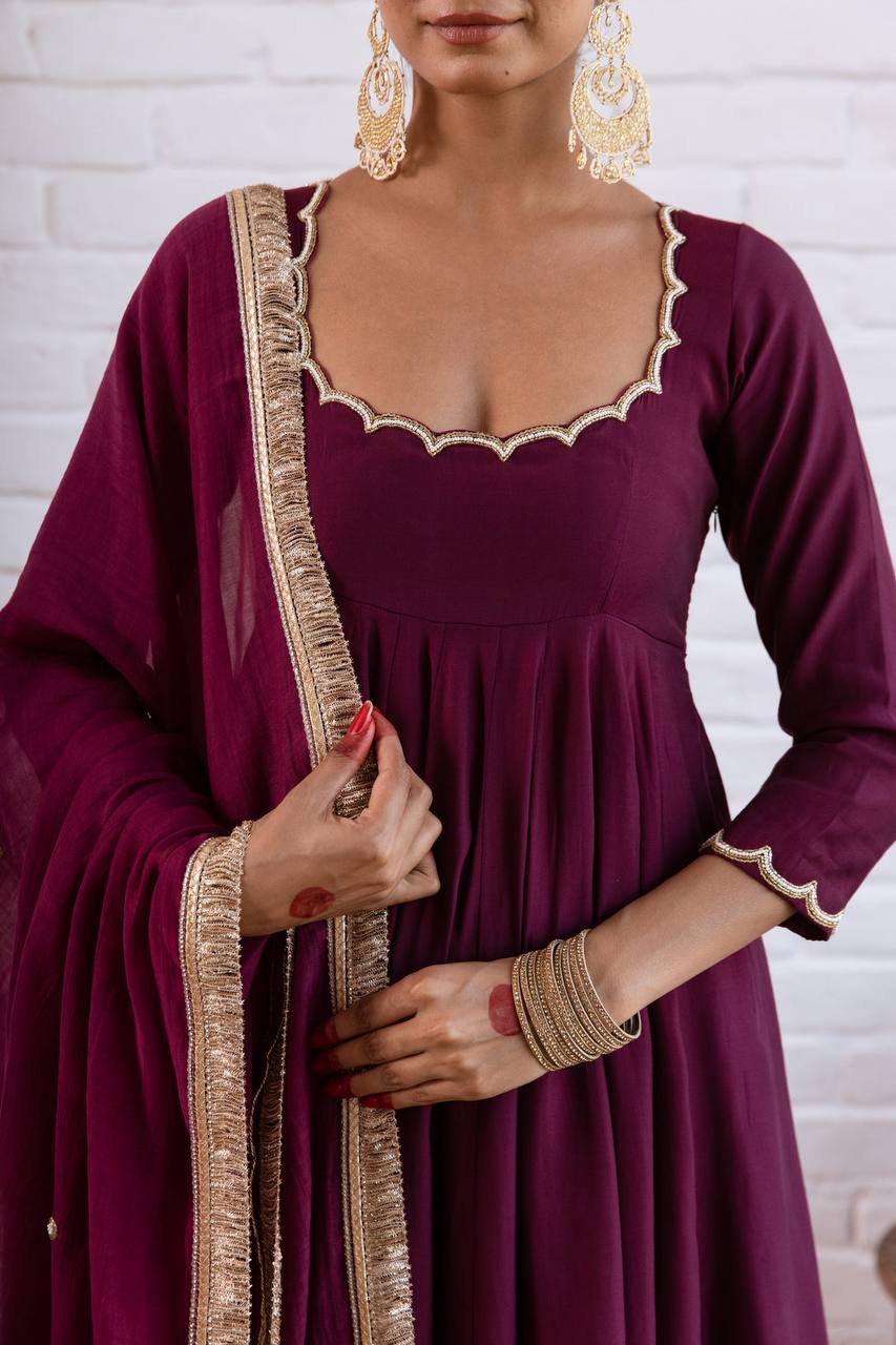 AUMVIRVA Women's Solid Chanderi Silk Anarkali Suit Set with Scalloped Neck, Straight Pants and Organza Dupatta