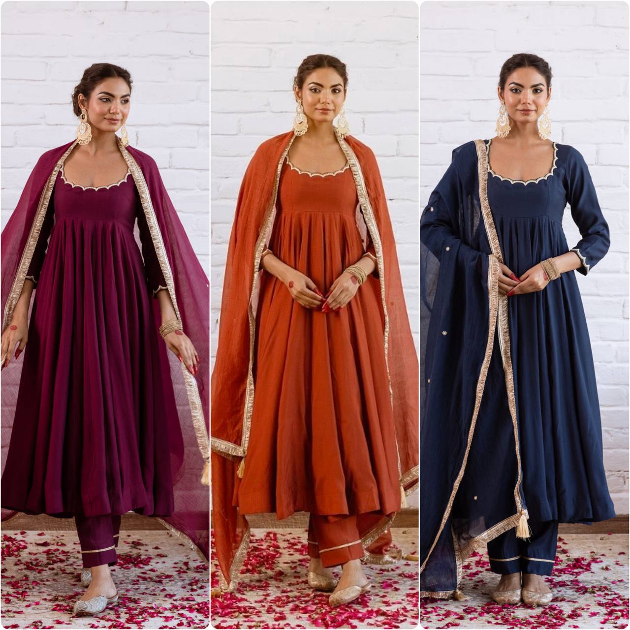 AUMVIRVA Women's Solid Chanderi Silk Anarkali Suit Set with Scalloped Neck, Straight Pants and Organza Dupatta