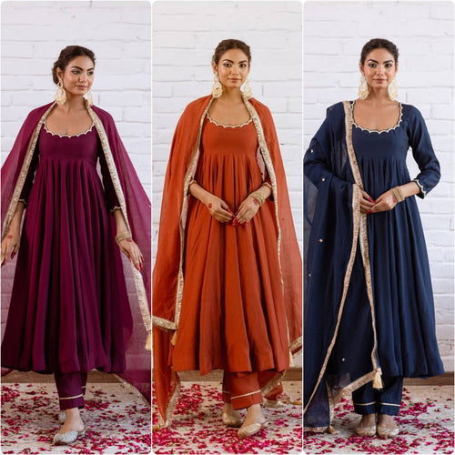 AUMVIRVA Women's Solid Chanderi Silk Anarkali Suit Set with Scalloped Neck, Straight Pants and Organza Dupatta