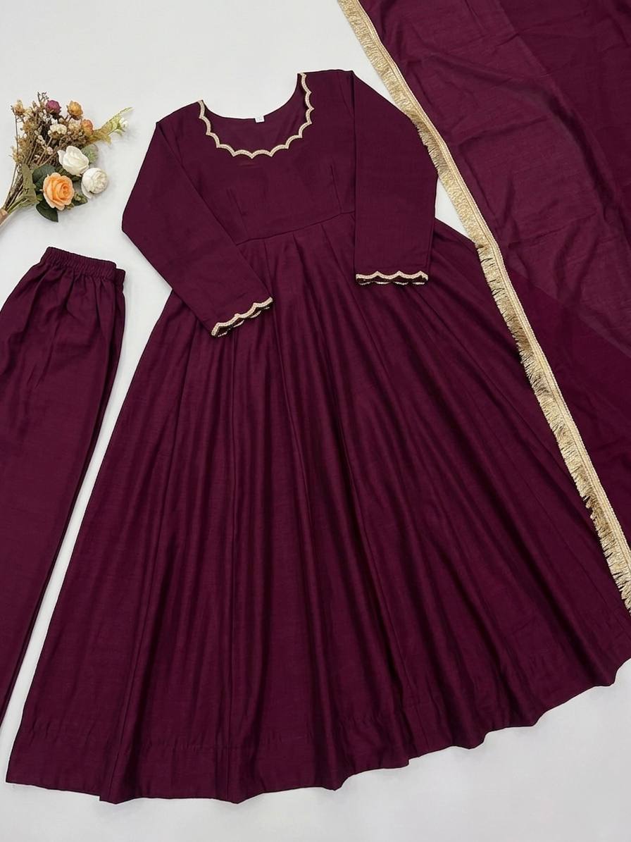 AUMVIRVA Women's Solid Chanderi Silk Anarkali Suit Set with Scalloped Neck, Straight Pants and Organza Dupatta
