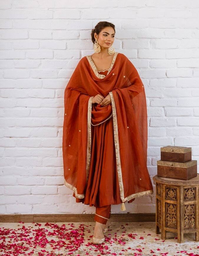 AUMVIRVA Women's Solid Chanderi Silk Anarkali Suit Set with Scalloped Neck, Straight Pants and Organza Dupatta
