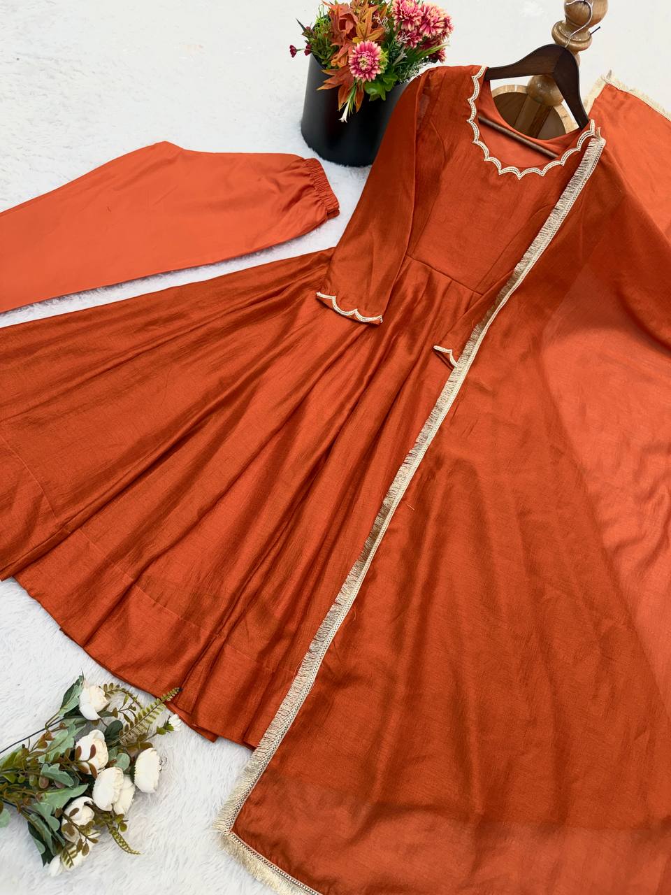 AUMVIRVA Women's Solid Chanderi Silk Anarkali Suit Set with Scalloped Neck, Straight Pants and Organza Dupatta