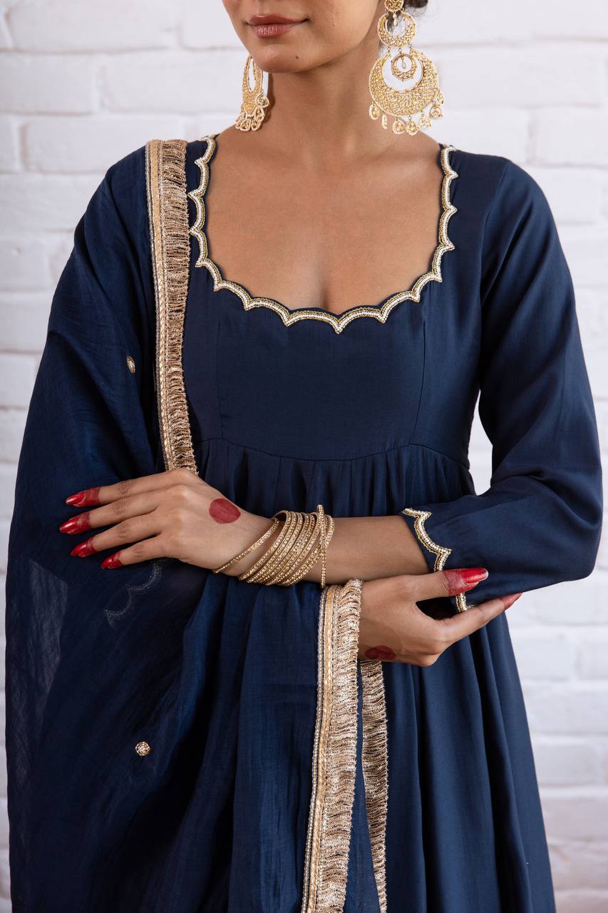 AUMVIRVA Women's Solid Chanderi Silk Anarkali Suit Set with Scalloped Neck, Straight Pants and Organza Dupatta